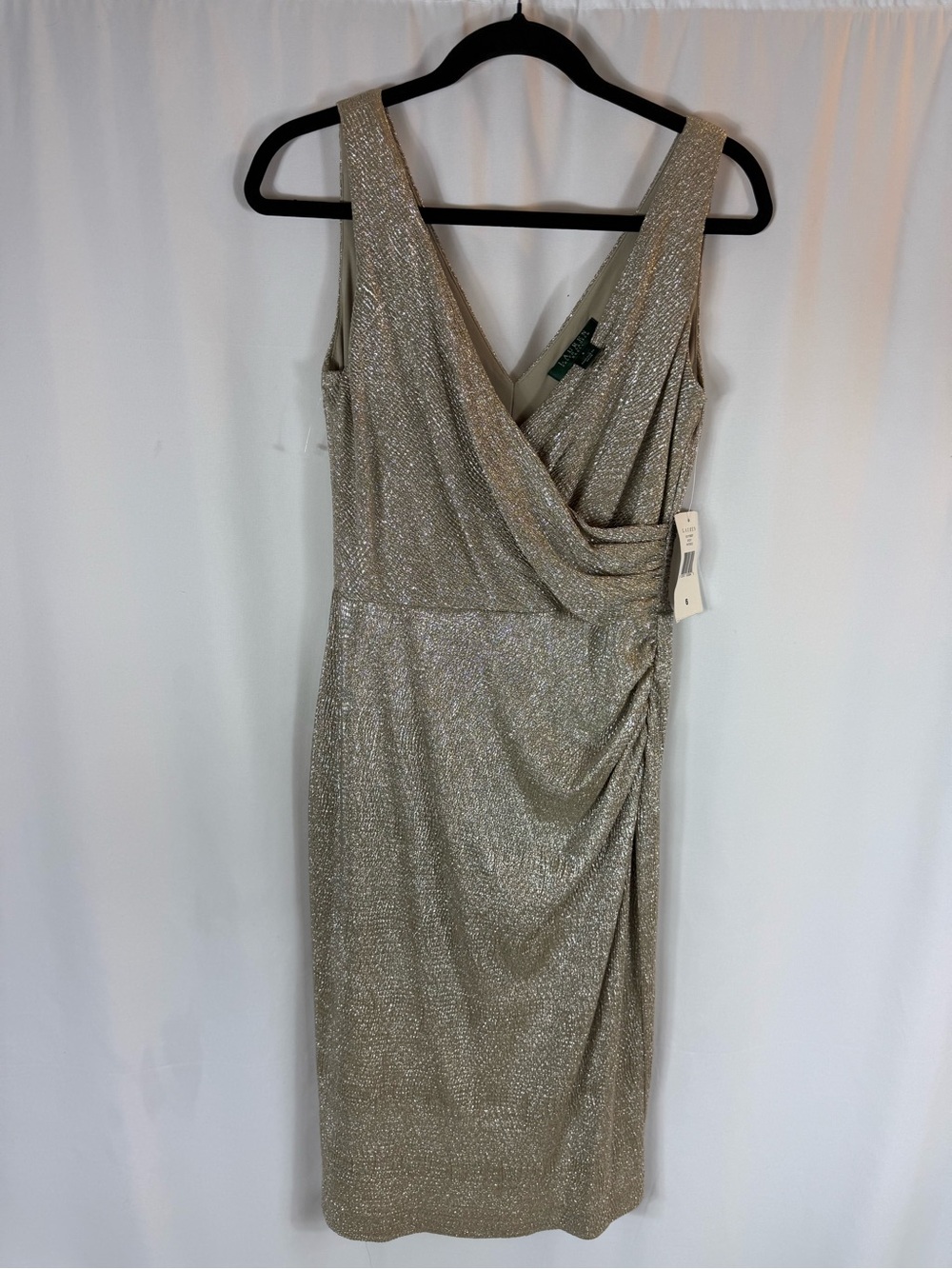 NWT Lauren Ralph Lauren Shimmery Gold Wrap-Style Midi Dress size: 6